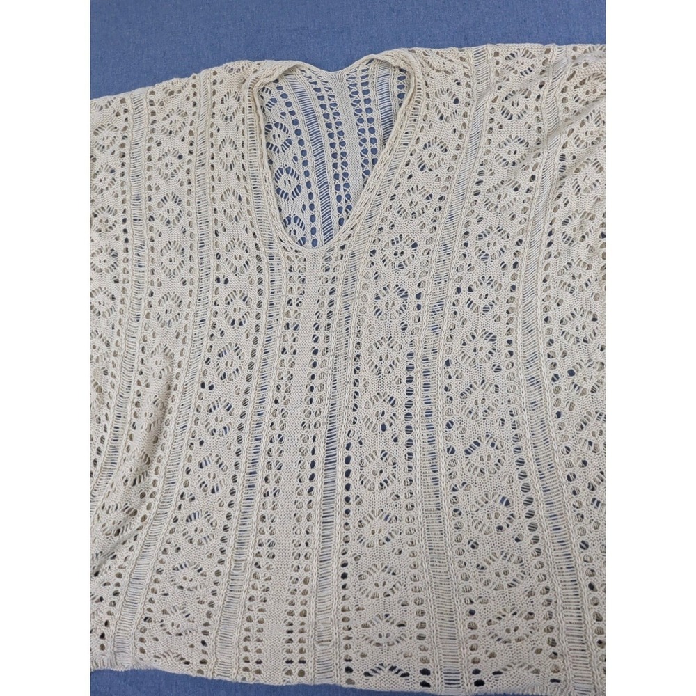 Cream Crochet Knit V-Neck Poncho Top with Side Tassel Ties One Size Boho - Picture 3 of 11